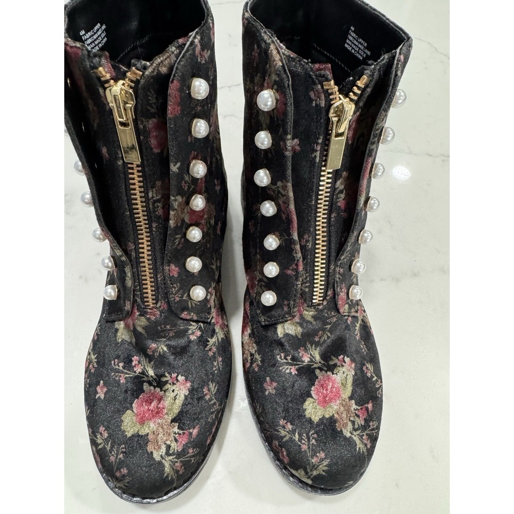 Gianni Bini Girls Floral Velvet Booties Size 4 Front Zip Pearls
